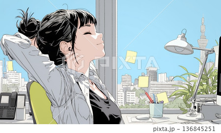 仕事の合間にストレッチ（伸び）をする女性