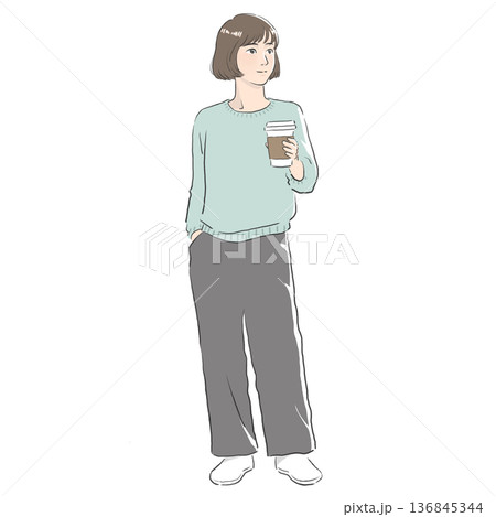 コーヒーを手に持つボブの女性のイラスト コーヒーを手に持つボブの女性のイラスト 136845344