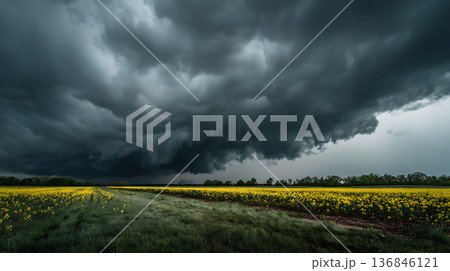 花畑の上で劇的な春の雷雲が迫る天気の風景 136846121