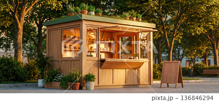 design for a street cafe made of wood and eco-friendly materials in a public park, a coffee shop project in the interior of a modern public space 136846294