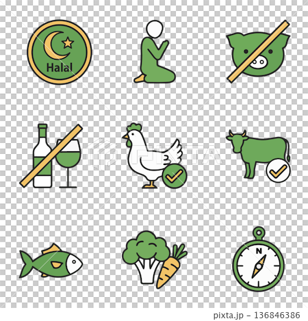 Halal (HALAL) Display Icon Set of 9 Simple Icons for Restaurants Halal (HALAL) Display Icon Set of 9 Simple Icons for Restaurants 136846386