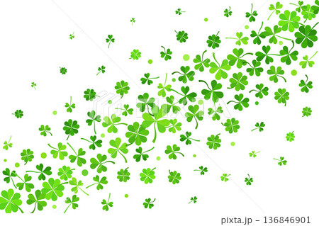 Shamrock clover background. St. Patrick day green leaves border. Irish Celtic spring party design. Floral flying confetti for banner and poster. Vector floral decoration Shamrock clover background. St. Patrick day green leaves border. Irish Celtic spring party design. Floral flying confetti for banner and poster. Vector floral decoration 136846901