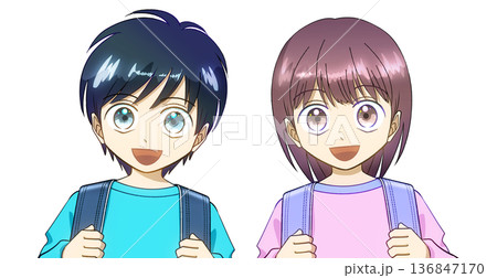 ランドセルを背負った小学生、男の子と女の子のアニメ風イラスト ランドセルを背負った小学生、男の子と女の子のアニメ風イラスト 136847170