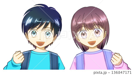 ランドセルを背負った小学生、男の子と女の子のアニメ風イラスト ランドセルを背負った小学生、男の子と女の子のアニメ風イラスト 136847171