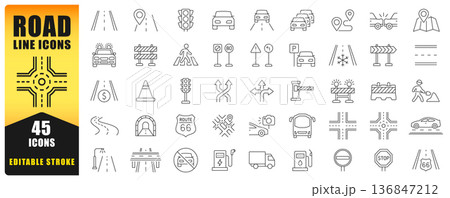 Road And Traffic Line Icon Set Featuring Editable Stroke Vector Symbols. Includes Signs, Vehicles, Intersections, Maps, Construction, And Navigation Elements. Perfect For Apps, Web, Print, And Infogra Road And Traffic Line Icon Set Featuring Editable Stroke Vector Symbols. Includes Signs, Vehicles, Intersections, Maps, Construction, And Navigation Elements. Perfect For Apps, Web, Print, And Infogra 136847212