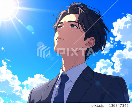 空を見上げるスーツ姿の男性、未来へのステップ 136847345
