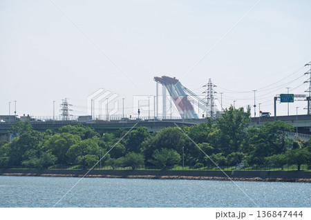 【大阪】浜寺公園から望む巨大クレーン船と高架道路の全景・臨海工業地帯の産業景観（6月） 136847444