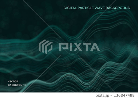 Futuristic green tech background featuring layered wave surfaces made of particles and glowing points. Vector. Digital flow concept with sense of motion, depth, and energy. Suitable for technology 136847499