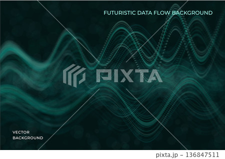 Futuristic green tech background featuring layered wave surfaces made of particles and glowing points. Vector. Digital flow concept with sense of motion, depth, and energy. Suitable for technology Futuristic green tech background featuring layered wave surfaces made of particles and glowing points. Vector. Digital flow concept with sense of motion, depth, and energy. Suitable for technology 136847511