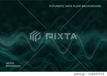 Modern abstract background with flowing digital waves and dotted surfaces forming a dynamic technological scene. Vector. Soft glow, depth effect and clean composition for business, science, artificial 136847514