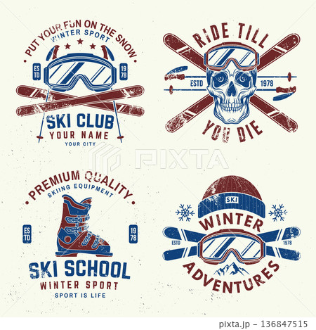Set of ski winter sport retro badge. Vector. Concept for shirt, print, seal or stamp with ski boot, ski glasses, skull skeleton. Family vacation, activity or travel. For logo design, patches 136847515
