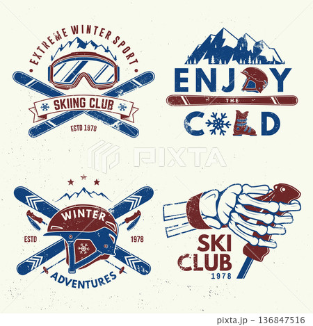 Set of ski winter sport retro badge. Vector. Concept for shirt, print, seal or stamp with ski glasses, skull, skeleton hand holding ski pole. Family vacation, activity or travel. For logo design 136847516