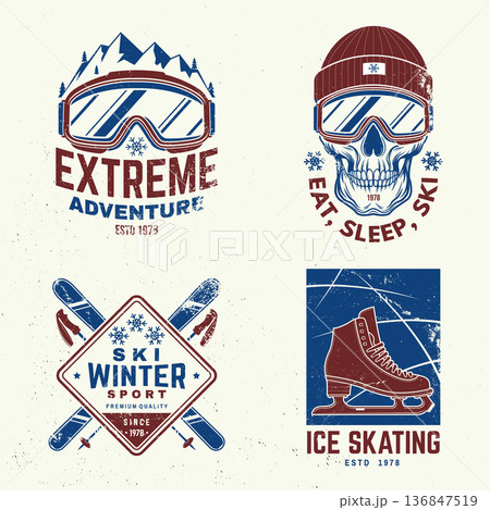 Set of ski winter sport retro badge. Vector. Concept for shirt, print, seal or stamp with ice skate, ski glasses, skull skeleton. Family vacation, activity or travel. For logo design, patches 136847519