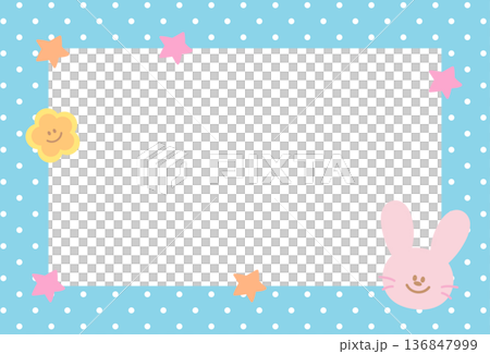 Pastel blue rectangle frame with bunny, stars, polka dot pattern for animal print, polaroid photo, ad template, poster, book cover, notepad, sticky note, memo, banners, border, postcard, easter, zoo 136847999