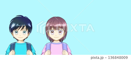 ランドセルを背負った小学生、男の子と女の子のアニメ風イラスト 136848009