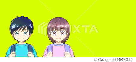 ランドセルを背負った小学生、男の子と女の子のアニメ風イラスト 136848010