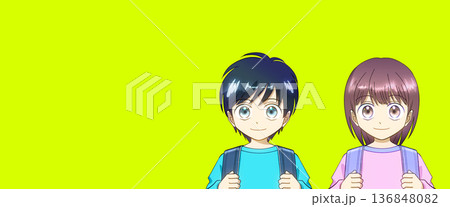 ランドセルを背負った小学生、男の子と女の子のアニメ風イラスト 136848082