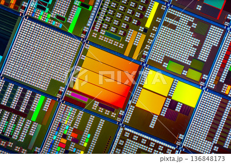 Silicon semiconductor wafer with integrated circuit die mosaic pattern. 136848173