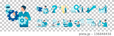 一組商業插畫，描繪了一位身著工作服的男性員工使用人工智慧技術，以及語音支援和文件摘要等提升工作效率的場景。 136848438