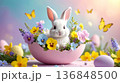 イースター　イースターバニーとフラワーアレンジメント 136848500