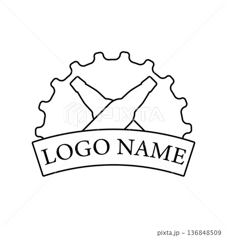 Beer bottle logo design on big beer cap background. Two crossed beer bottles and banner with text. Isolated vector illustration. Beer bottle logo design on big beer cap background. Two crossed beer bottles and banner with text. Isolated vector illustration. 136848509