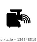 Electric meat grinder icon with mince. Black silhouette. Isolated vector illustration on white background. 136848519