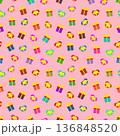 Gifts boxes and hearts with ribbon bow. Vector festive pink background seamless repeating pattern. Editable template. 136848520