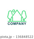 Green logo with country house and landscape. Simple minimal design and template. Isolated vector illustration on white background. 136848522