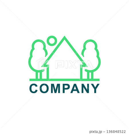 Green logo with country house and landscape. Simple minimal design and template. Isolated vector illustration on white background. 136848522