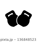 Two kettlebells together. Black silhouette. Vector illustration. Isolated drawing on white background. 136848523