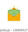 Opened gold envelope with money and shining stars. Paper dollar bills. Vector illustration. 136848527