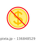 No cost icon, no expense, free of charge. Crossed out and red prohibition sign on dollar coin. Isolated vector illustration on white background. 136848529