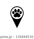 Dog paw print icon with heart on location pin. Silhouette. Isolated vector illustration on white background. 136848530
