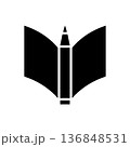 Pen and paper sheet, notebook, book. Isolated black simple vector illustration on white background. 136848531