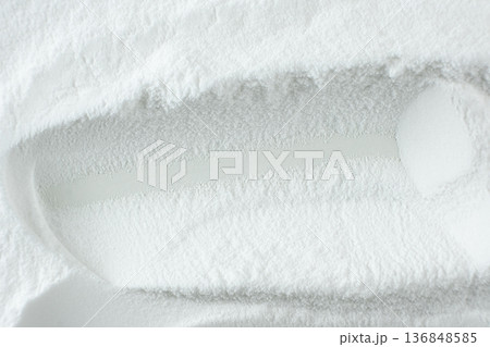 Soda powder sodium bicarbonate surface. Abstract white background with space for text 136848585
