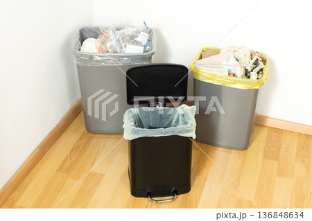 Home garbage cans for waste sorting and recycling. Home garbage cans for waste sorting and recycling. 136848634