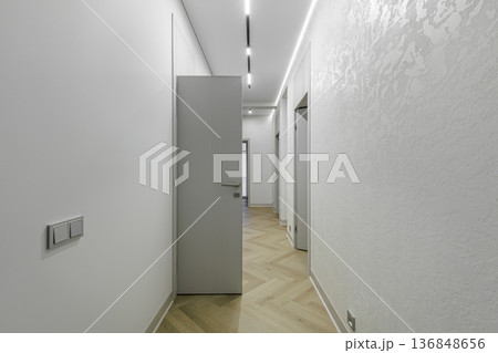 Modern Interior with Semi-Open Grey Door and Linear Lighting 136848656
