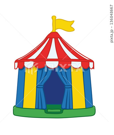 Vibrant colorful circus tent toy with red and white striped pattern and bright yellow flag on top. Vector isolated illustration Vibrant colorful circus tent toy with red and white striped pattern and bright yellow flag on top. Vector isolated illustration 136848667