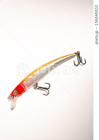 Fishing accessories bobbers, hooks, tackles, baits isolated on white background. Image for shop for fisherman. Close up Fishing accessories bobbers, hooks, tackles, baits isolated on white background. Image for shop for fisherman. Close up 136848832