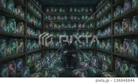 Young person sits on floor surrounded by wooden shelves filled with glass jars containing colorful glowing ghostly figures in a dark room digital art 136848844