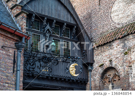 Golden Crescent Moon Sign in Bruges Old Town 136848854