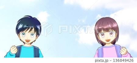 広がる青空、ランドセルを背負った笑顔の小学生のアニメ風イラスト 広がる青空、ランドセルを背負った笑顔の小学生のアニメ風イラスト 136849426