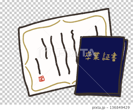 Hand-drawn graduation certificate illustration, bifold case, holder, file, navy blue Hand-drawn graduation certificate illustration, bifold case, holder, file, navy blue 136849429