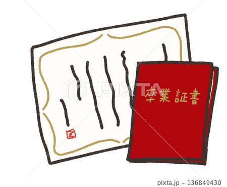 手描きの卒業証書イラスト　二つ折り　ケース　ホルダー　ファイル　赤　えんじ色　臙脂色 136849430