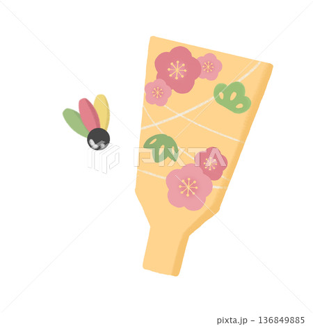 クレヨン風タッチの梅の花模様の羽子板と羽根のイラスト  136849885
