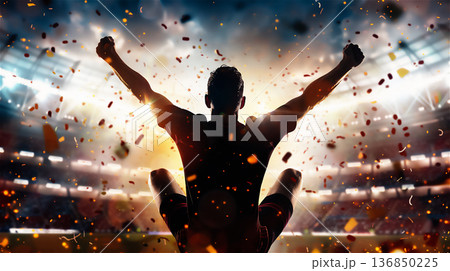 スポーツの勝利を祝う選手のシルエット 136850225