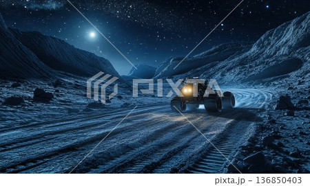 Futuristic Off-Road Vehicle Driving on an Alien Planet 136850403