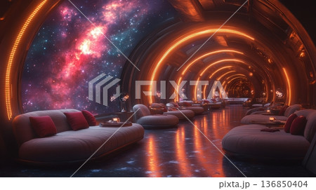 Luxurious Space Lounge with Stunning Galaxy View Luxurious Space Lounge with Stunning Galaxy View 136850404