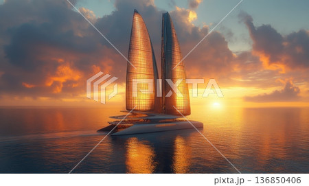 Futuristic luxury sailboat at sunset over calm ocean Futuristic luxury sailboat at sunset over calm ocean 136850406