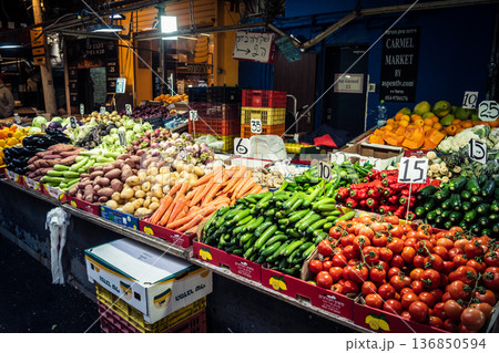 Tel Aviv, Israel, January 5, 2026 Daily life and morning bustle at the Carmel Market (Shuk HaCarmel 136850594
